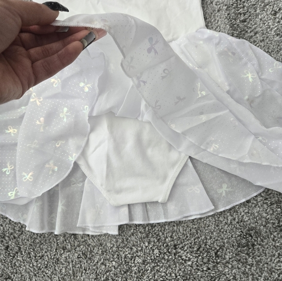 MdnMd Bow Print Girls Ruffle Sleeve Ballet Dance Dress Tutu Skirted Leotard. Whi - Picture 4 of 10